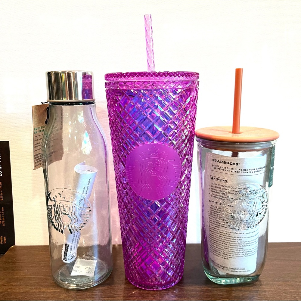 Lot of Starbucks Recycled Glass Water Bottle 20oz x2 + Pink 24oz Cup NWT